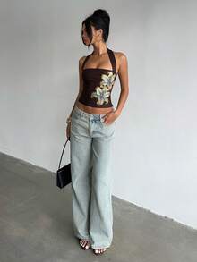 Aloruh Top de mujer con estampado floral, fruncido, ajuste ceñido y cuello halter, versátil para citas y salidas - Marrón - Ver 5