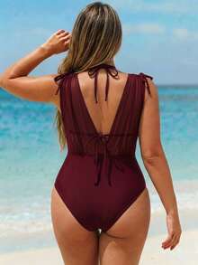 SHEIN Swim 2026新款大尺碼紅色網紗深V露背三角杯掛脖綁帶內搭上衣配高腰下擺休閒優雅連身泳衣女款 - 紫色 - 查看 2