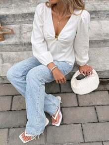 Serisse Women's Casual Versatile Solid Color Lantern Sleeve Blouse Elegant - White - View 2