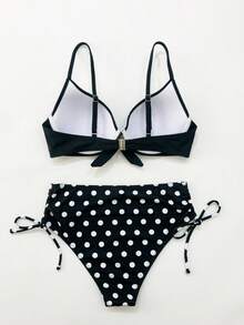 Swim Lushoire 2件組成熟時尚性感女款泳衣，青藍孔雀綠前綁帶純色比基尼上衣搭配植物印花短褲套裝，夏季海灘度假風 - 黑色 - 查看 4