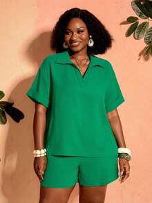 BrightlyHer Plus Size Summer Casual Solid Color Shirt Shorts 2 Pieces Set For Women Vacation Outfits Beach Green - Green - View 5