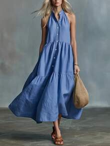 SHEIN Holidaya French Niche Halter Neck Stand Collar Single-Breasted Solid Dusty Blue Dress For Women, Lazy Loose Fit Tummy-Covering Korean Casual Beach - Blue - View 4