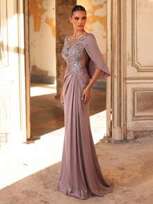 Aureia Vestido Elegante com Renda Bordada & Patchwork de Lantejoulas, Manga de Babado Elástica de Cetim, Bainha Sereia, Azul Acinzentado, Inverno, Elegante, Formal, Noite, Casamento Formal - Rosa empoeirado - Visão 5