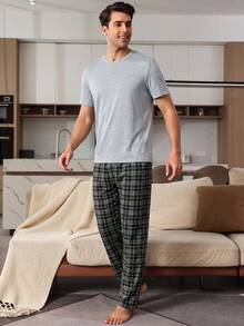SHEIN Provexi 男士純色短袖上衣與格紋長褲居家休閒套裝 - 淺灰色 - 查看 4