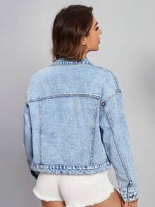 Flexra Drop Shoulder Pearl Beaded Denim Jacket - Light Wash - View 2