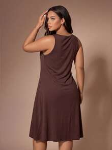 Lazeform Plus Size Women's Brown Summer Square Neck Spaghetti Strap Nightgown,Soft High Stretch Knit Fabric Fitted Slimming Sleeveless Camisole Casual Wear - Brown - View 2