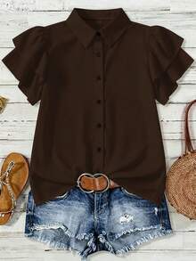EMERY ROSE Plus Size Women's Solid Color Ruffle Short Sleeve Single Breasted Casual Shirt - Brown - View 1