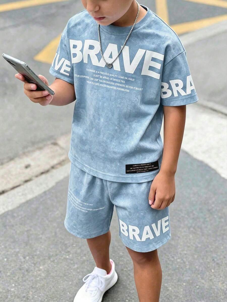 兒童青少年男孩休閒舒適時尚簡約圓領短袖T恤與短褲套裝 - 白色 - 查看 1