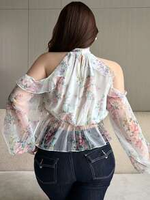 Dazy Plus Áo blouse nữ size lớn xuân/hè cổ nửa cao, hở vai, họa tiết hoa toàn thân gợi cảm ngọt ngào, gấu bèo nhún và phối patchwork - trắng - Xem 2