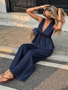 Serisse Women's V-Neck Pleated Top And Long Pants Casual Daily Denim Set - Dark Wash - View 6