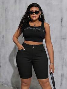 SHEIN Tall CURVE 大尺碼夏季休閒百搭修身牛仔短褲 - 黑色 - 查看 4