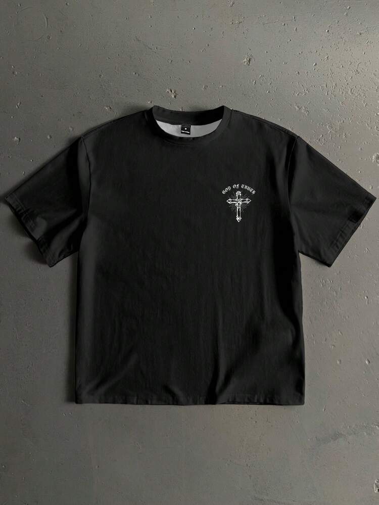 Torvinic Jesus Cross Religious Fashion Print Men's Charcoal Grey Standard Size Drop Shoulder Short Sleeve T-Shirt - Black - View 2