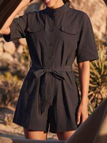 Exploreva Exploreva Women's Casual Solid Color Belted Outdoor Going Out Vacation Romper Camping Outfit Black Summer,Climb Outfit - Black - View 4