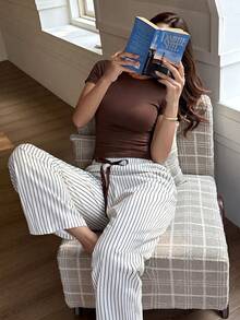 Dream Adore Women's Solid Color Round Neck Short Sleeve Top And Chocolate Brown Black And White Drawstring Long Pants Pajama Set 2 Pieces Lounge Summer Casual - Brown - View 4