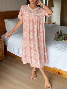 DAZY Women's Floral Print Short Sleeve Nightgown - Pink - View 7