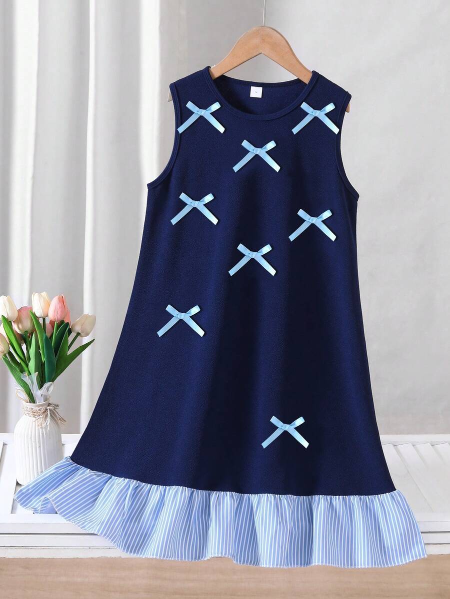 SHEIN 少女春夏季度假北歐休閒居家日常通勤圓領無袖荷葉邊娃娃洋裝條紋梭織亞麻連身裙 - 藍色 - 查看 1
