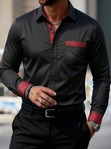 Manfinity Bizformal 男士奢華黑紅拼接襯衫，時尚休閒正裝襯衫，適合秋季派對，防皺長袖鈕扣商務設計師上衣，儀式穿搭 - 黑色 - 查看 3
