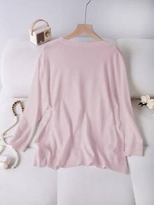 SHEIN LUNE Cardigan de punto de manga larga con botones, estilo dulce y de moda, talla grande - Rosa vieja - Ver 2