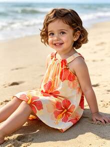 SHEIN Playful Pals 女嬰花卉印花細肩帶洋裝 橘色與黃色 夏季波西米亞風海灘度假休閒可愛甜美優雅日常舒適穿搭 - 橘色 - 查看 4