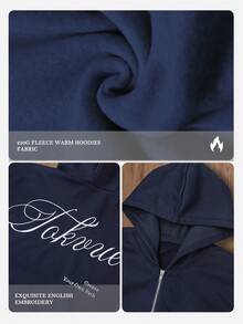 TOKVUE Sudadera con capucha con cremallera y bolsillos con letras bordadas para hombre - Azul Marino - Ver 4