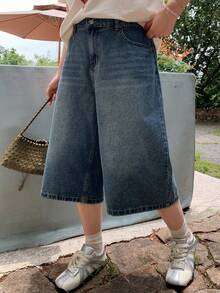 Dazy Plus Vintage Traditional Denim Washed Distressed Loose Straight Leg Casual Cropped Jeans Plus Size Women Autumn Formal Graduation Blue - Dark Wash - View 7