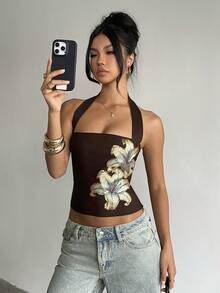 Aloruh Top de mujer con estampado floral, fruncido, ajuste ceñido y cuello halter, versátil para citas y salidas - Marrón - Ver 6