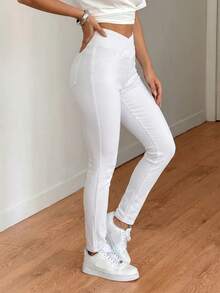 SHEIN Tall Women's Asymmetric Waistband Pocket Fitted Casual Denim Jeans Plain White Pants Summer Slim-Fit Clothes Back To School Tall Travel Capris Holiday - White - View 4