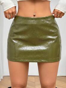 SHEIN PETITE 女款素色PU皮革低腰時尚百搭裙 - 軍綠色 - 查看 6