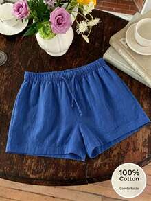 SHEIN Shorts casuales de unicolor con cintura con cordón para uso diario versátil para niñas preadolescentes - Azul - Ver 5