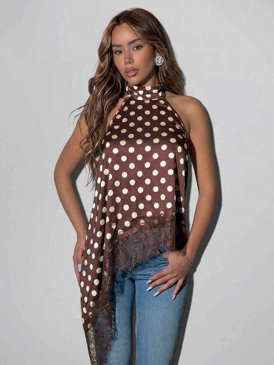 SHEIN ICON Women's Summer Brown And White Polka Dot Backless Satin Elegant 70s Retro Print Lace Patchwork Halter Top Date Night Cocktail Party - Brown - View 1