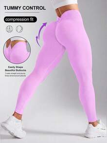 SHEIN Sports Solid Color Plus Size Women's Seamless Tight V-Waist Sexy Yoga Fitness Workout Leggings - Pink - View 5