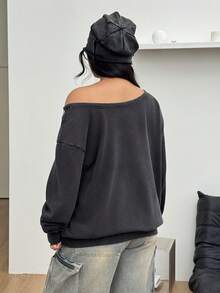 Coolane 女款大尺碼秋冬街頭風 Y2K 休閒棉質不對稱肩環扣長袖灰色水洗保暖衛衣，適合外出與萬聖節 - 深灰色 - 查看 5