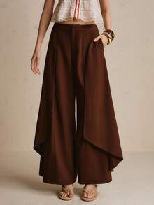 CielaLinda Women's Flowy Low-Rise Wide Leg Pants With Pockets Brunch Tea Party Dark Brown Autumn Elegant - Brown - View 1