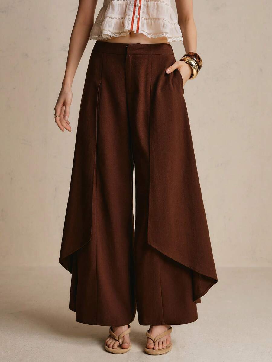 CielaLinda Women's Flowy Low-Rise Wide Leg Pants With Pockets Brunch Tea Party Dark Brown Autumn Elegant - Brown - View 1
