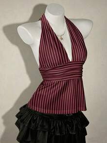 SHEIN ICON 掛脖深V領收腰A字條紋露背老錢風背心上衣 - 酒紅色 - 查看 7