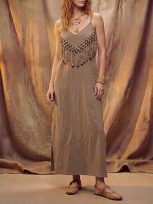 Fembélia Women's Casual Boho Vacation Long Dress With Tassel Decor And Spaghetti Straps Khaki Summer - Khaki - View 3