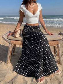 Sunnyshic Women's White And Black Polka Dot Waist Ruched Hem Ruffle Hem A-Line Skirt, Retro European And American Style, Autumn, Dating Beach Sexy - Black - View 3