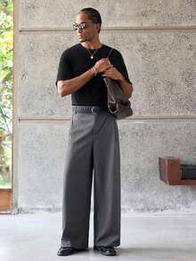 ESTAVOR Men's Solid Color Button Pocket Pleated Loose Casual Pants, Wide Leg,For Spring And Autumn - Grey - View 7