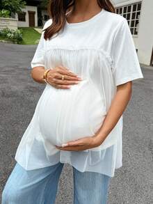Dazy Maternity 圓領對比網格設計 2 合 1 短袖寬鬆版型白色孕婦 T 恤 春夏秋季適用 嬰兒洗禮會 正式休閒優雅 - 白色 - 查看 7