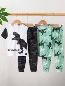 SHEIN Young Boy Casual Minimalist Slim Fit Comfortable Crew Neck Short Sleeve Long Pants Loungewear Suitable For Spring And Summer, Classic Cute Cartoon Dinosaur Print - Multicolor - View 4