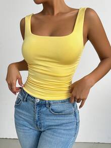Allurite Summer Casual Solid Color Ruched Slim Fit Square Neck Tank Top - Yellow - View 9