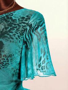 Amplova Leopard Print Asymmetrical Shoulder Ruffle Trim Women's Autumn Top T-Shirt Party Club Black And White Leopard Print Sexy - Blue - View 4