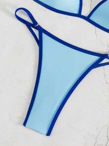 Costavie Women's Summer Beach Colorblock Halter Tie Sexy Fashion Bikini Two-Piece Swimsuit Set - Blue - View 6