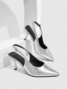 CUCCOO SZL Women's Spring New Silver Thin Heel Buckle Closed Toe Shoes Versatile Fairy Rhinestone Shoes Mid-Heel Pointed Slingback High-Heeled Shoes - Silver - View 4