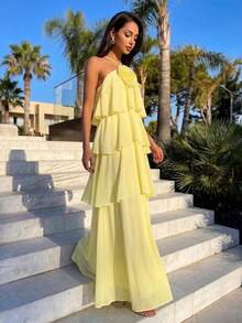 Firerie Elegantes romantisches Damen Chiffon-Kleid mit Blumenmuster, mehrlagigem Volant und rückenfreiem Design, geeignet für Hochzeitsgäste, Geburtstagsfeiern, Bankette, Urlaub, Dates - Gelb - Übersicht 5
