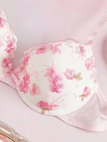 Elorette 2pcs Hot Pink Underwire Molded Cup Comfy Balconette Push Up Embroidered Floral Pattern High Support Lift And Gather Romantic Cute Women's Lingerie Set - Pink - View 9