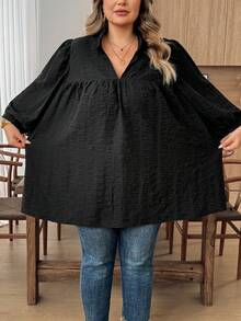 SHEIN CURVE+ 母親節休閒大尺碼印花燈籠袖純色紋理黑色上衣，2026年秋季 22W - 黑色 - 查看 4