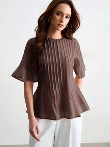 CielaLinda Women's Pleated Crew Neck Short Sleeve Waist-Cinched Top Teachers' Day Office Coffee Brown Summer Elegant - Brown - View 7