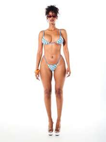 SUMWON WOMEN Warped Checkerboard Triangle Bikini Set With Tie Back Top And String Thong Bottom Summer Beach - Multicolor - View 5