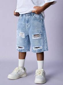 SHEIN Little Byeori 青少年男童口袋做旧拉链休闲牛仔短裤 - 淺色水洗藍 - 查看 3